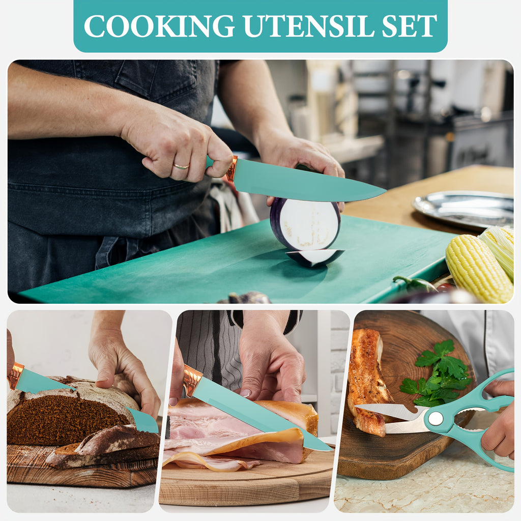 Juego de 19 piezas, Cuchillo de cocina, Juego de cocina, Juego de utensilios de cocina (Con mangos de madera), Juego de cocina de seguridad, Juego de herramientas de cocina antiadherentes, Utensilios de cocina modernos lavables, Utensilios de cocina, Adec