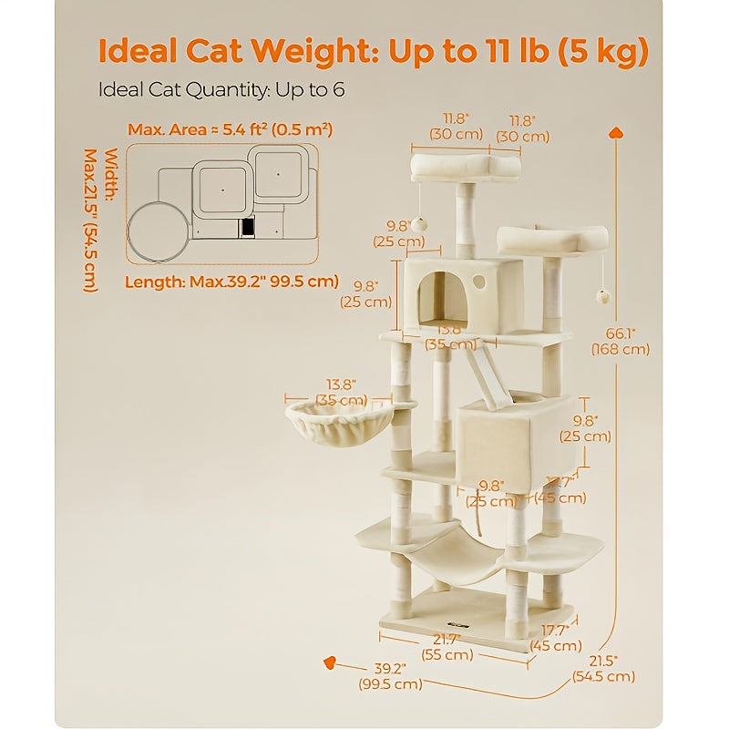 Rascador para gatos | Árbol para Gatos Feandrea de Gran Tamaño con Múltiples Niveles - 13 Postes Rascadores, 2 Plataformas y Hamaca Acogedora
