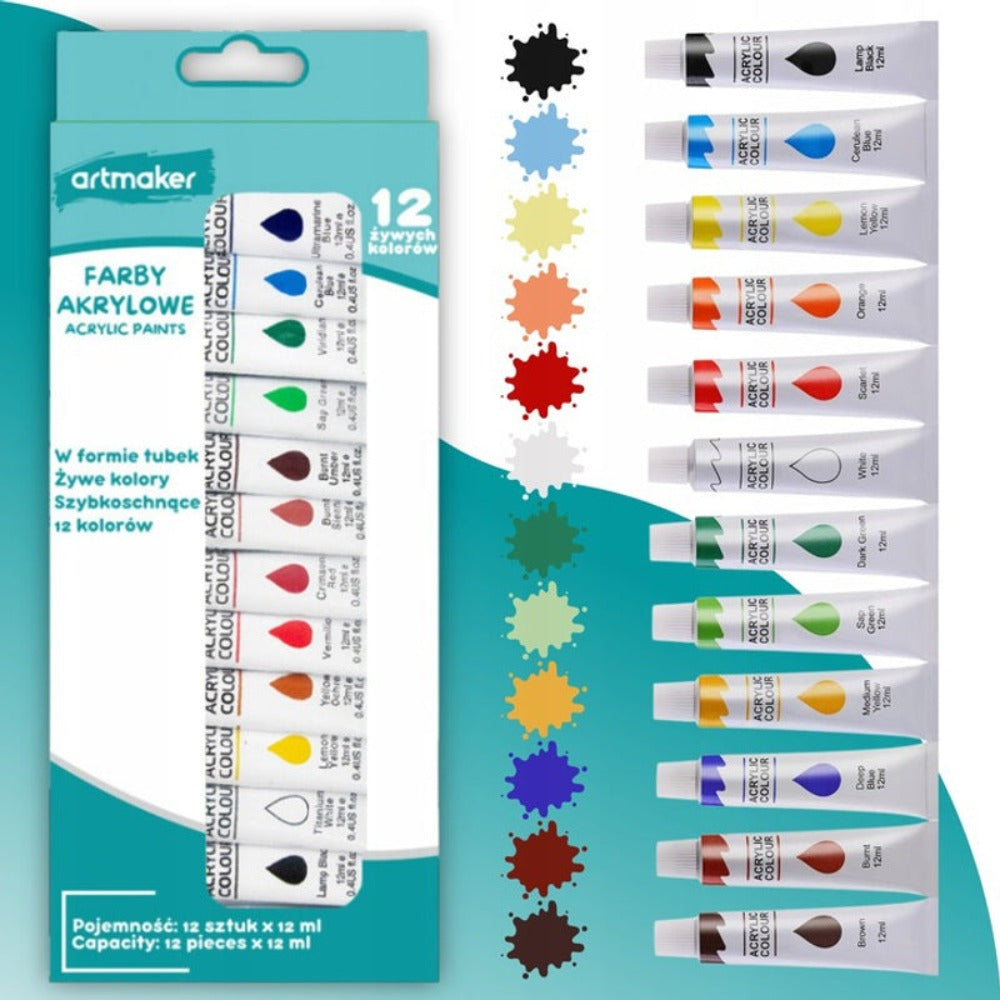 Set de Pintura Artmaker Grande - Kit Artístico Completo con Caballete de Madera de 50cm, 3 Lienzos (25x25cm), 12x12ml de Pinturas Acrílicas, 10 Pinceles y Paleta de Pintura - Suministros de Arte Profesionales para Principiantes y Artistas Avanzados - Rega