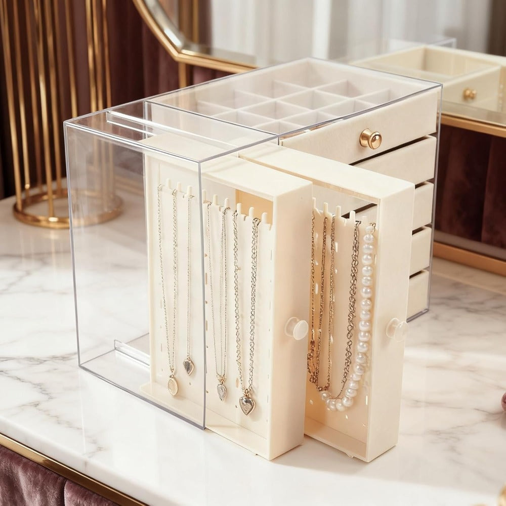 Caja de almacenamiento de joyas de gran capacidad con cajones y puerta lateral transparente, organizador multicapa para aretes, collares, anillos y pulseras, elegante solución de almacenamiento para tocador, joyeros