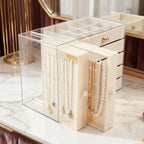 Caja de almacenamiento de joyas de gran capacidad con cajones y puerta lateral transparente, organizador multicapa para aretes, collares, anillos y pulseras, elegante solución de almacenamiento para tocador, joyeros