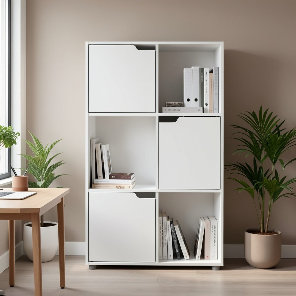 1 estantería, estantería vertical, almacenamiento para oficina en casa, archivador, 3 puertas, 6 compartimentos, estantería de estudio, 59.6X91X29Cm