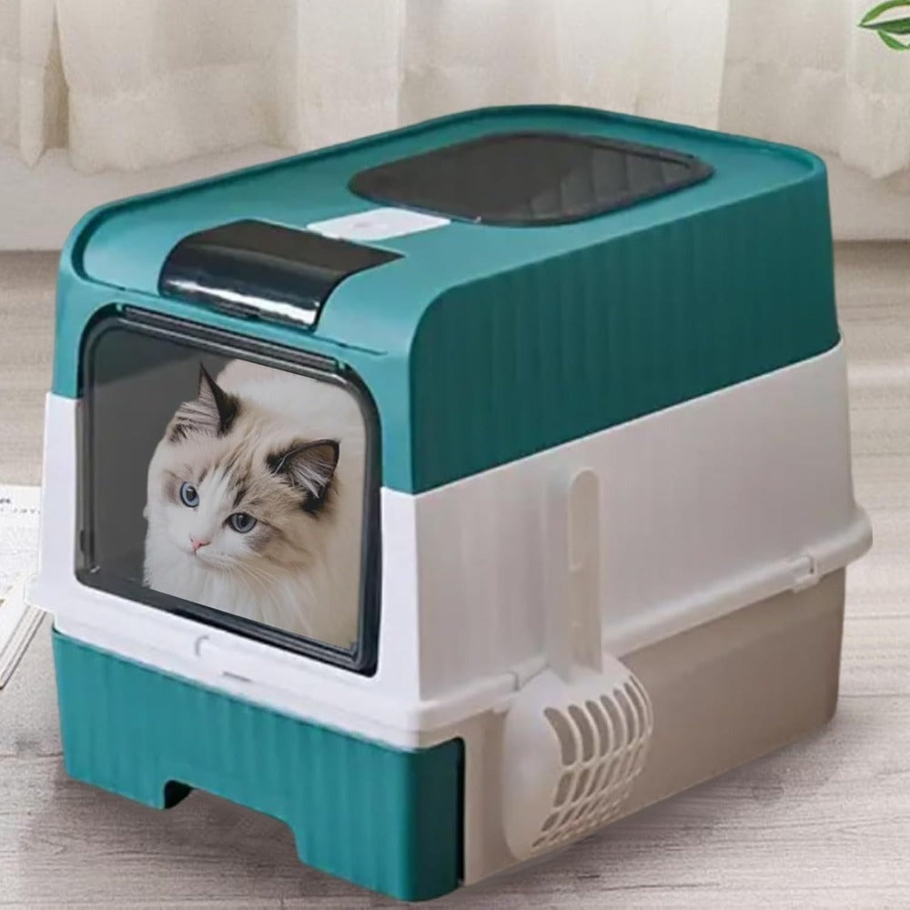 Caja de Arena para Gatos Espaciosa con Tapa Arenero - A Prueba de Fugas, Diseño Plegable, Soporta hasta 14.97 KG, Incluye Pala, Sin Rastro para Limpieza Fácil, Construcción Duradera de ABS/PE/Silicona, Forma Rectangular, Caixa de Arena para Gatos Extra Gr