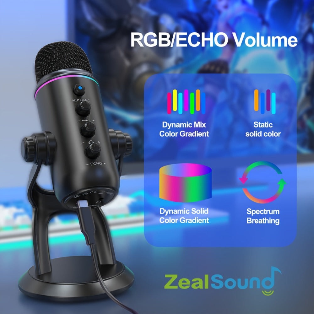 Micrófono Gaming Condensador USB Zealsound, Mic RGB Plug and Play con Reducción de Ruido, Control de Ganancia Silencio y Reverb, Jack de Monitor de 3.5 mm para PC, Teléfono, Transmisión en Vivo, Grabación de Podcast