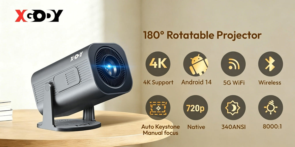 LUXVYN 2026 Proyector Portátil, con Android 11, Dual Wifi6, Brillo de 340ANSI, Local 1280X720P HD, Soporte 4K, Bajo Ruido, Ángulo de Proyección Flexible de 180°, Mini Proyector de Cine en Casa