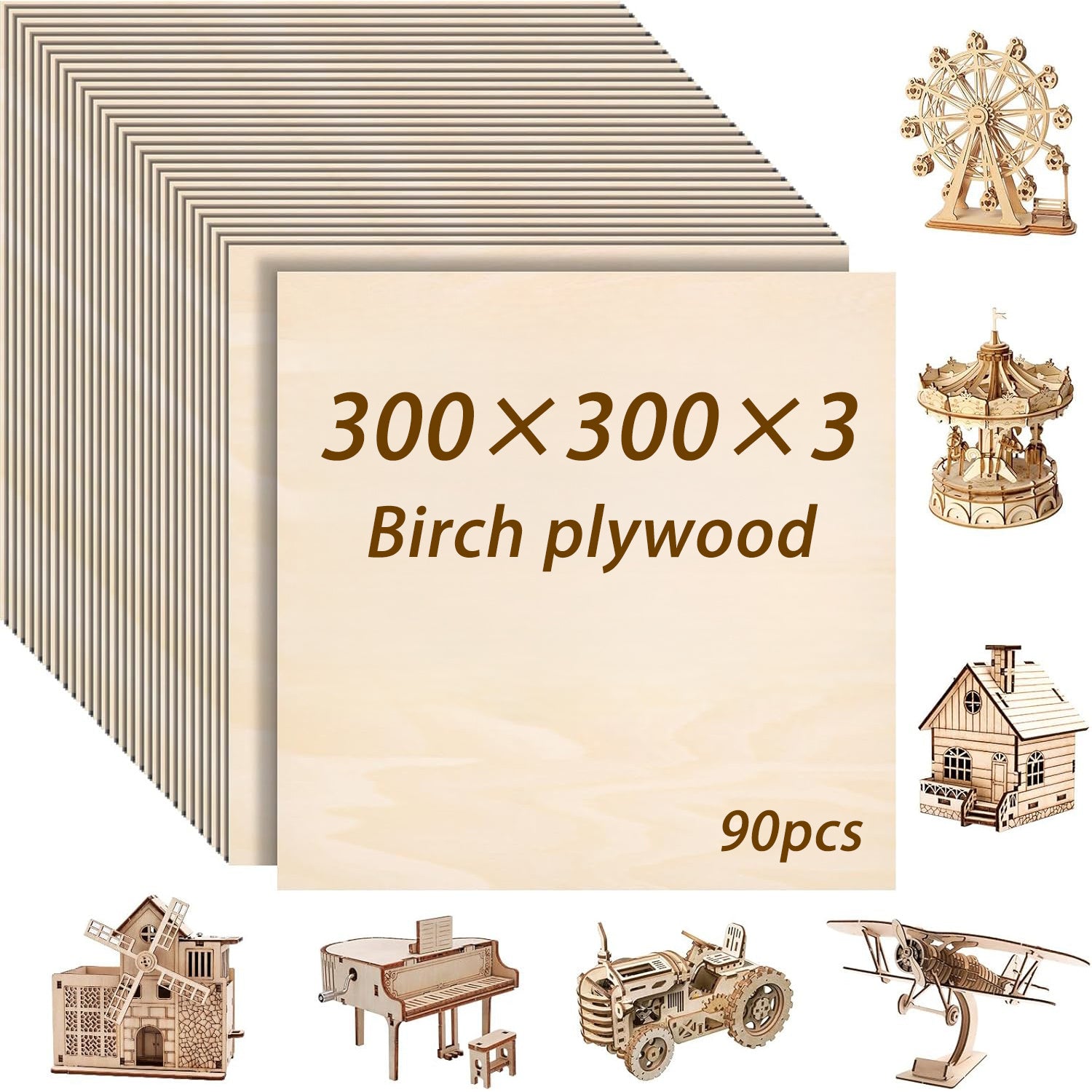 15/29/90 piezas de contrachapado de abedul - TOCOME 300×300×3mm Panel de madera para manualidades de alta calidad, contrachapado sin acabar con veta de madera natural y superficie lisa. Tablero de abedul de 3mm apto para grabado láser, corte CNC, talla de