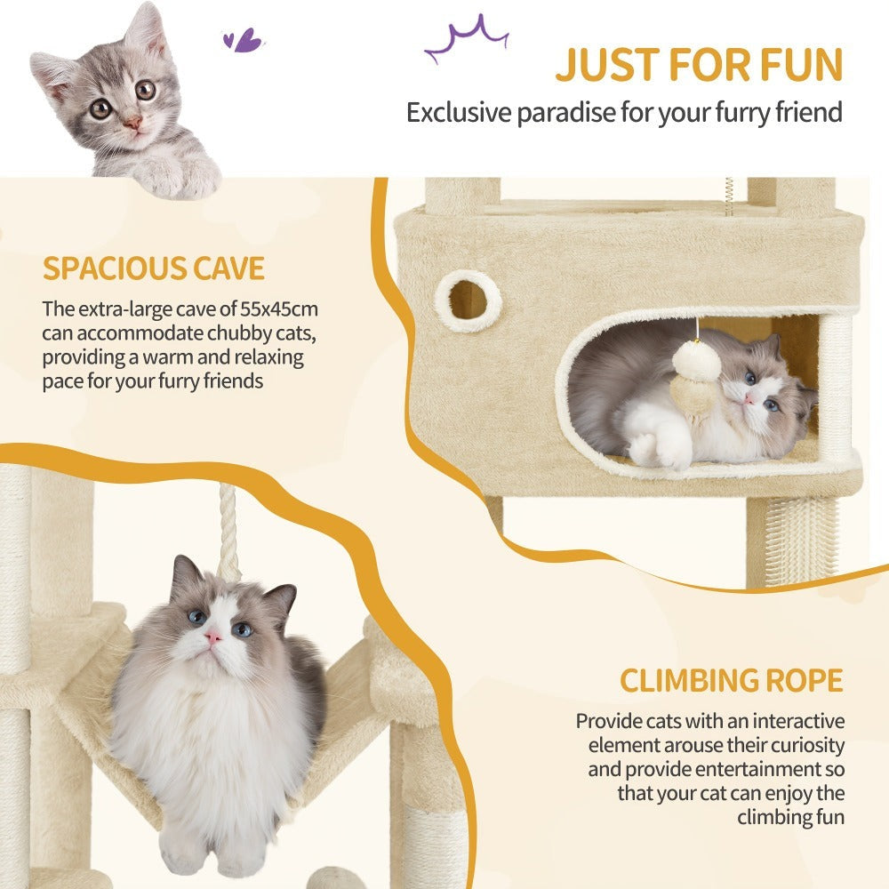 Rascador para Gatos, Árbol de 178 cm con Plataforma Grande, 2 Cuevas, 7 Postes Rascaresos, Pompones, Reposaderos y Hamaca, Adecuado para Todas las Razas de Gato, Gris Claro
