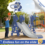 Tobogán infantil 4 en 1, tobogán con columpio y canasta de baloncesto, longitud del tobogán 145 cm, parque infantil multifuncional, para uso en interiores y exteriores, con peldaños y soportes extra anchos