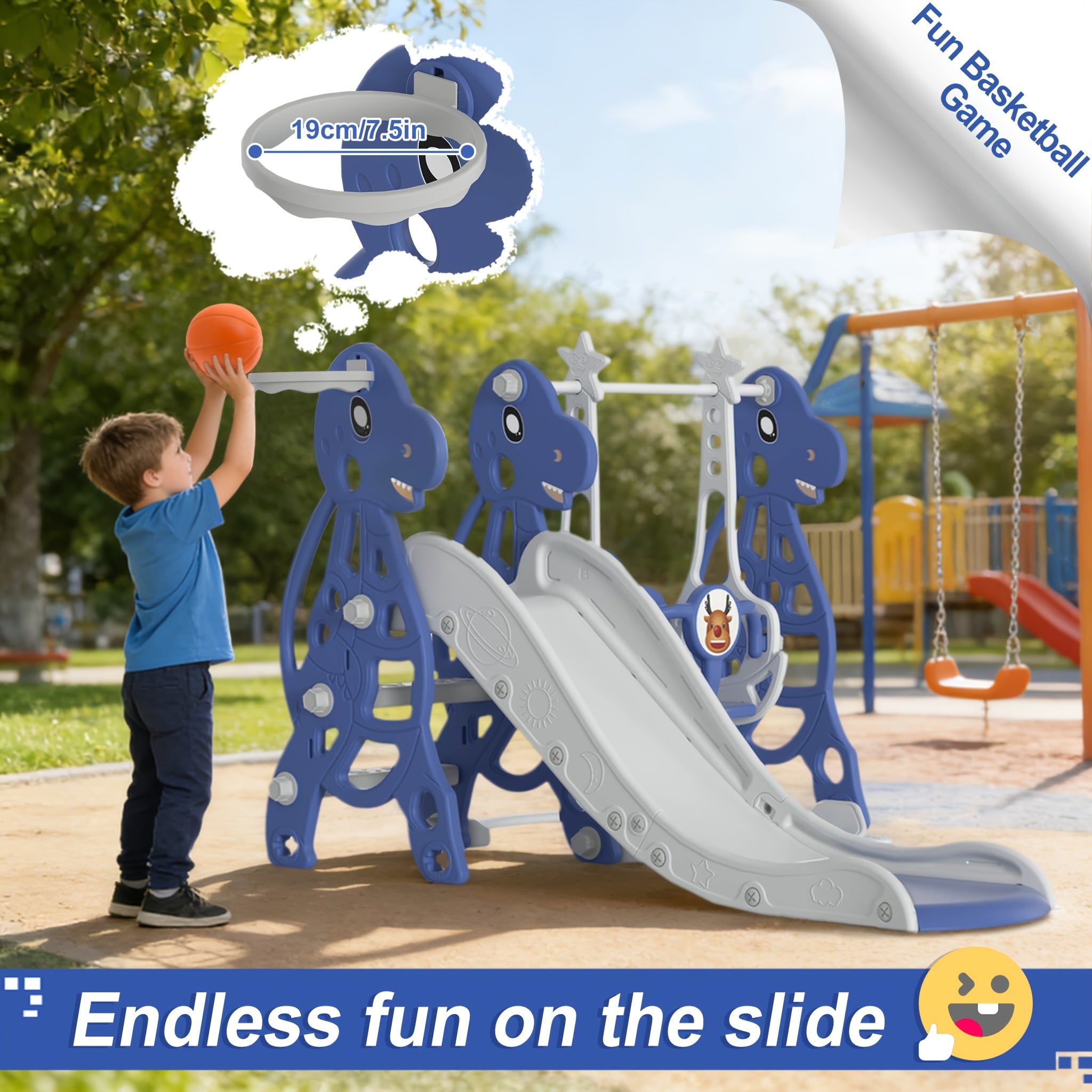 Tobogán infantil 4 en 1, tobogán con columpio y canasta de baloncesto, longitud del tobogán 145 cm, parque infantil multifuncional, para uso en interiores y exteriores, con peldaños y soportes extra anchos