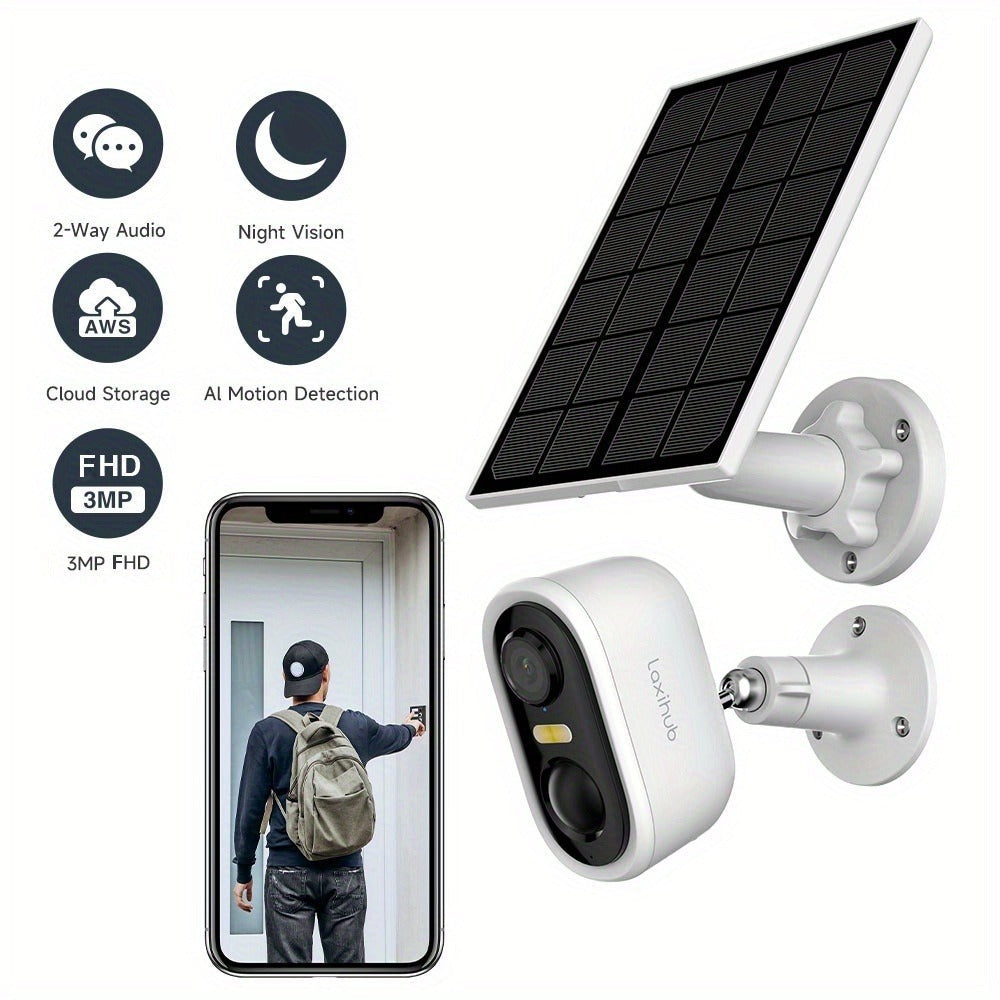 Cámara de seguridad inalámbrica con energía solar Laxihub, resolución de video de 3 millones de píxeles, cámara CCTV, cámara de vigilancia sin cables con energía solar, cámara de vigilancia con batería, nube/SD, detección de movimiento con IA, foco, IP65,