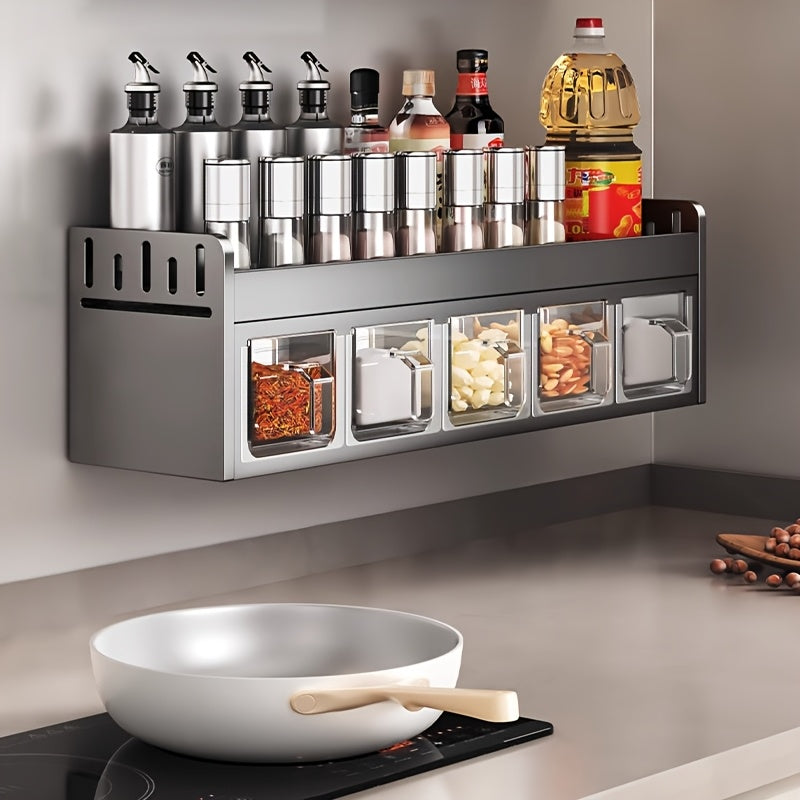 Organizador de especias de acero inoxidable para pared de 5 rejillas con 5 frascos de especias, organizador de almacenamiento de cocina multifuncional, organizador de especias de acero al carbono, instalación sin taladro, almacenamiento de cocina multi-co