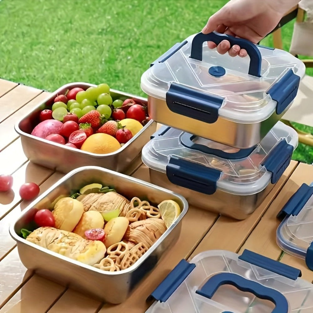 Juego de 2/4 piezas de recipientes herméticos de acero inoxidable para almacenar alimentos con tapas, aptos para microondas, reutilizables, perfectos para refrigerador, ideales para preparación de comidas, cocina al aire libre, esenciales de cocina, recip