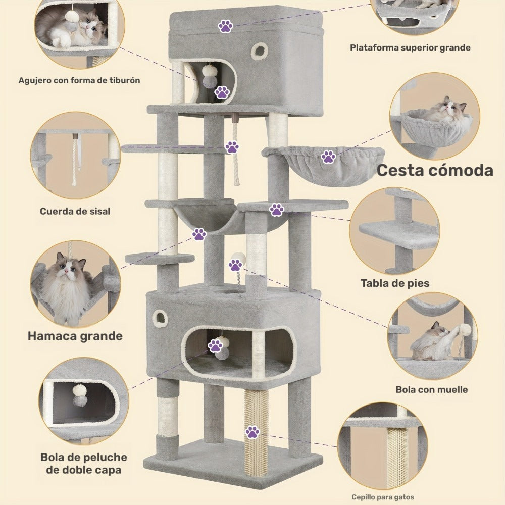 Rascador para Gatos, Árbol de 178 cm con Plataforma Grande, 2 Cuevas, 7 Postes Rascaresos, Pompones, Reposaderos y Hamaca, Adecuado para Todas las Razas de Gato, Gris Claro