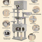 Rascador para Gatos, Árbol de 178 cm con Plataforma Grande, 2 Cuevas, 7 Postes Rascaresos, Pompones, Reposaderos y Hamaca, Adecuado para Todas las Razas de Gato, Gris Claro