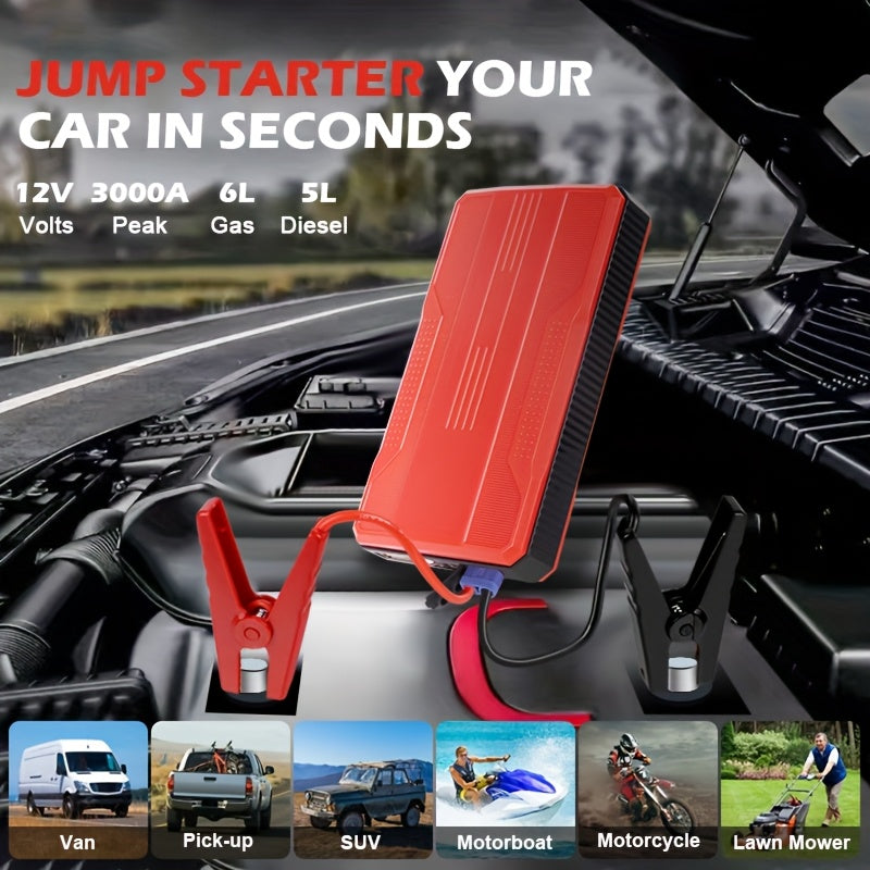 Arrancador de Coche - 12V 3000A Pico, Inicia 6.0L Gasolina/5.0L Diésel en 3s. Carga Rápida USB-C PD para Teléfonos/Portátiles. Linterna LED (SOS/Estroboscópica). Para Coches, SUV, Camiones, Motos, Barcos. Ideal para Viajes, Camping, Invierno, Baterías Mue