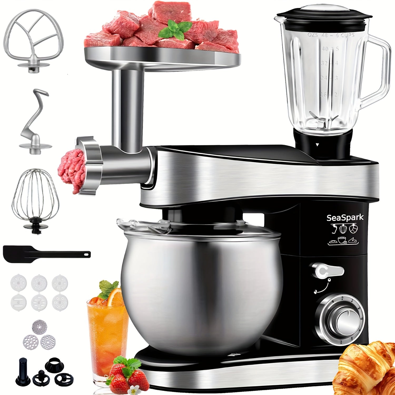 Batidora de pie 6 en 1, 1200W de 6 velocidades con botón de pulsos, accesorios con tazón de acero inoxidable de 6L, mezcladora eléctrica vertical, gancho para masa, batidor de huevos, espátula, accesorios para exprimidor, accesorios para picadora de carne