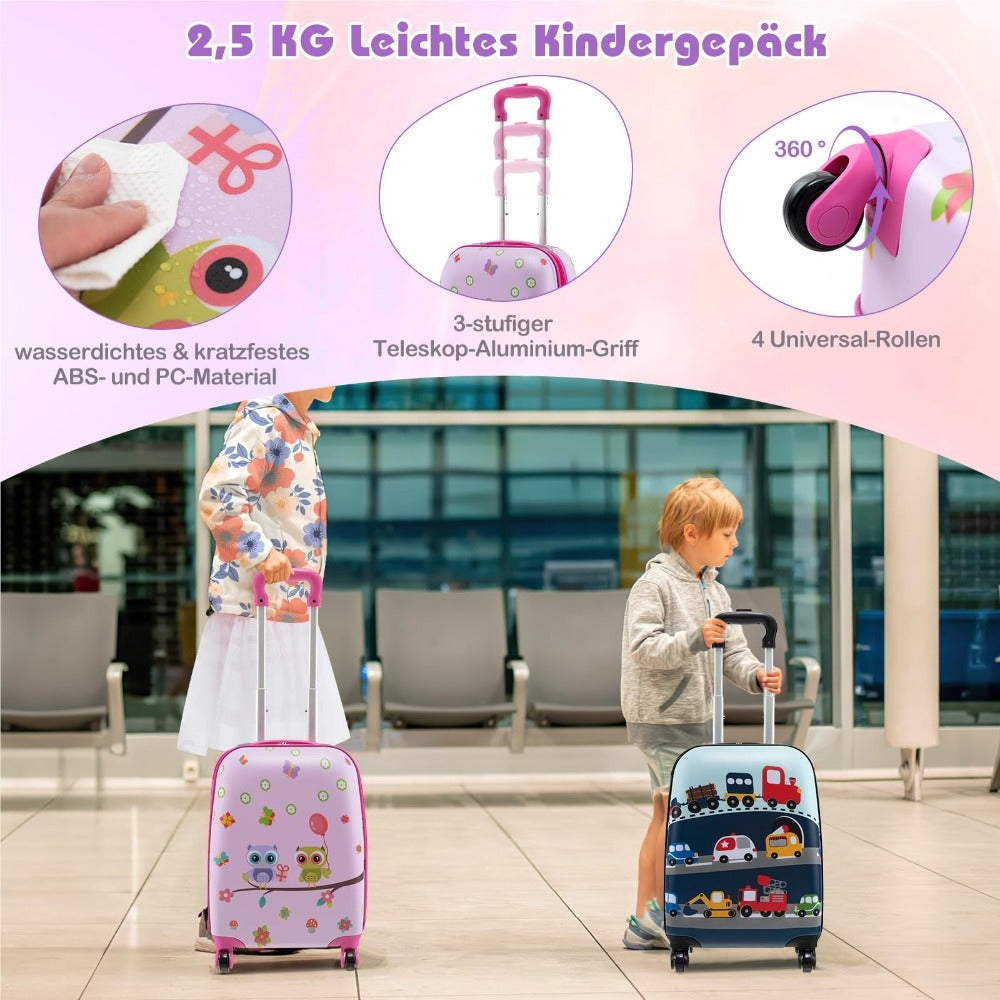 Juego de Equipaje para Niños de 5 Piezas + Mochila, Trolley con Lonchera, Etiqueta de Equipaje y Almohadilla de Cuello, Maleta con Ruedas para Niños y Niñas (Rosa)