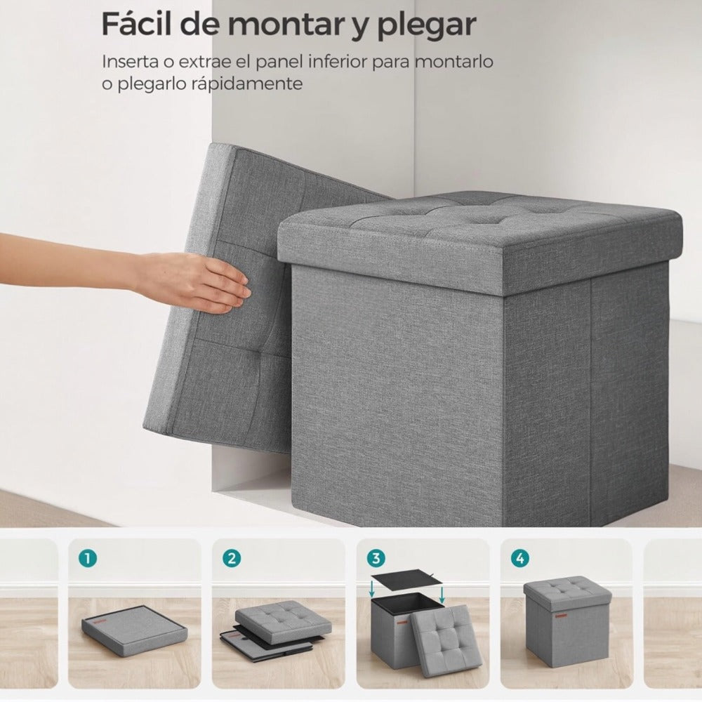 Puff o Banco de almacenaje Plegable | Taburete Reposapiés Otomana | Baúl de Almacenamiento | Taburete Reposapiés.para Cama, Dormitorio, salón, Comedor o Recibidor | 38x38x38cm | Soporta 300kg.