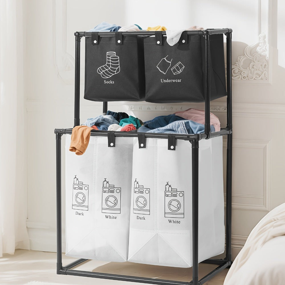 Cesto de lavandería plegable de doble capa con 4 bolsas desmontables, cesto de almacenamiento multifuncional que ahorra espacio, material duradero, diseño plegable, fácil instalación, cesto de lavandería, diseño negro moderno, adecuado para dormitorio, ba