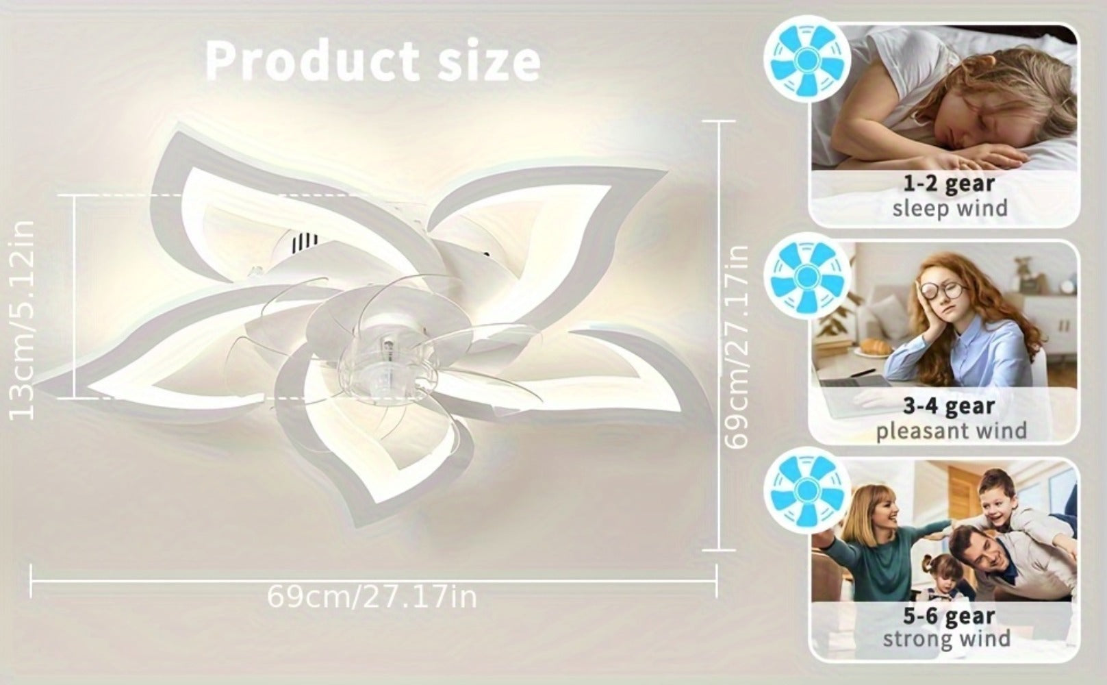 Lámpara de techo LED silenciosa con ventilador y iluminación, lámpara de techo para dormitorio con control remoto y aplicación, lámpara regulable con ventilador, 5 luces, pantalla de acrílico con forma de flor, sala de estar, cocina, 69 cm