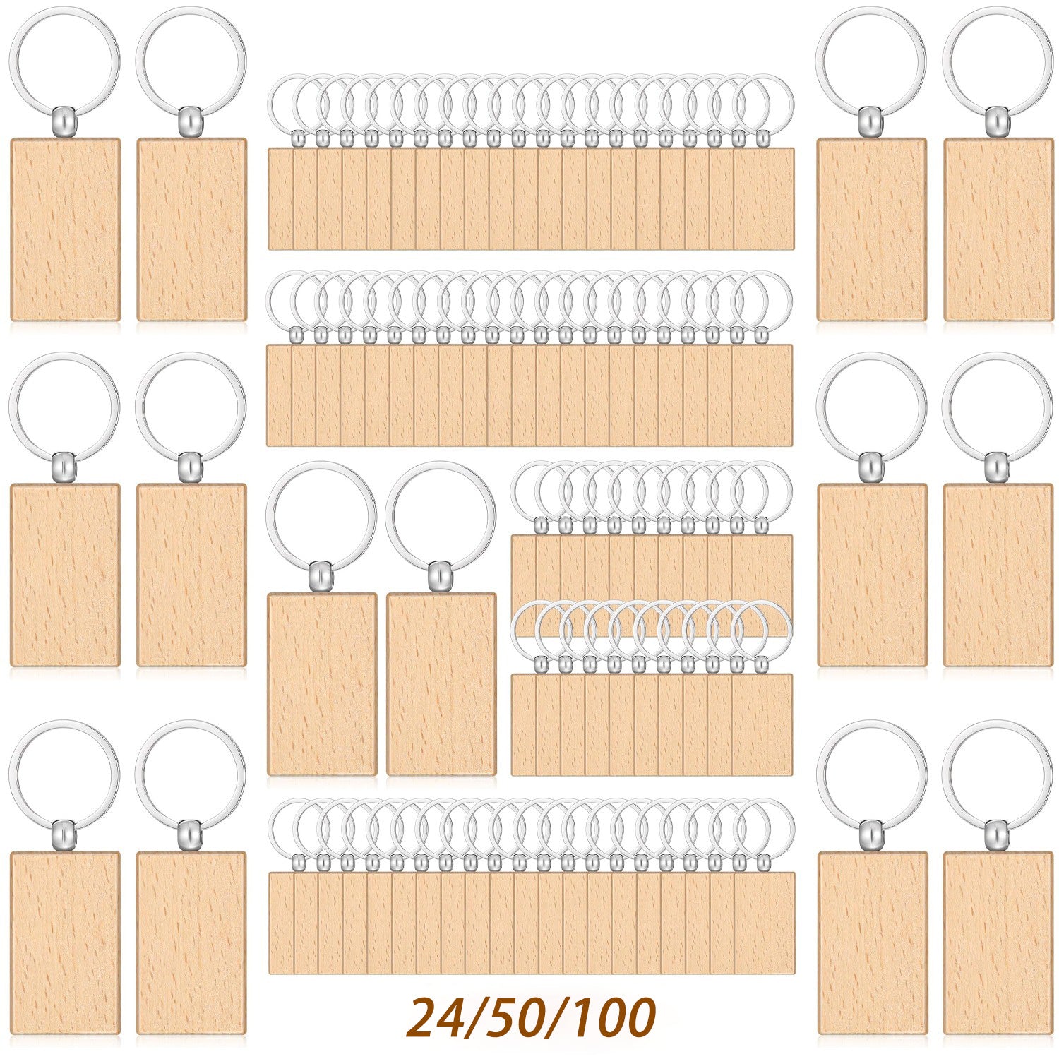 24/50/100 piezas de llaveros cuadrados de madera en blanco | Llaveros de madera sin terminar de alta calidad, etiquetas para grabado láser, discos pre-perforados, adornos hechos a mano, perfectos para proyectos, regalos de tallado en madera y decoraciones