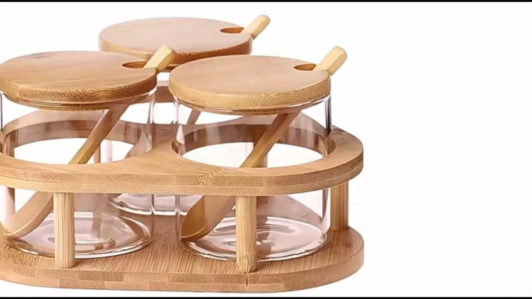Almacén local, juego de tres tarros para condimentos con soportes triangulares. Tarros de cristal transparente para condimentos con cuchara de bambú y tapa de bambú. 280 ml × 3, aptos para sal, azúcar, especias, pimienta, tarros de condimentos de cocina