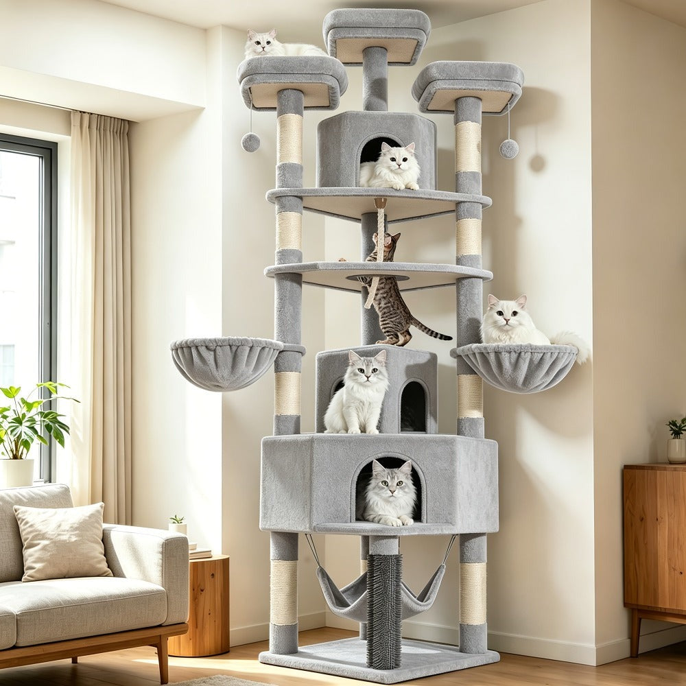 Árbol para gatos de 220 cm de varias capas con 3 casitas para gatos, 3 plataformas, 3 hamacas, 8 postes de sisal, 1 bola de pelo y 1 cuerda de sisal