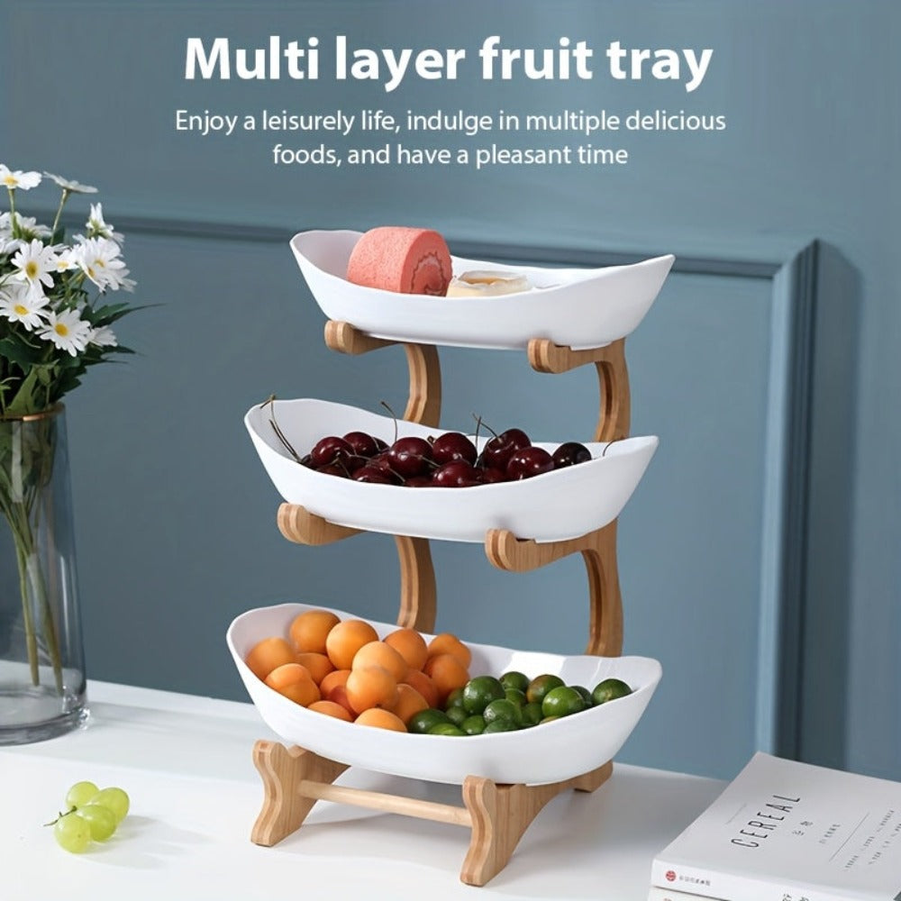 Cesta de frutas blanca de 3 niveles con gran capacidad, plato de frutas de plástico, soporte para pasteles y dulces, diseño en capas para frutas, soporte de bambú y madera, ahorra espacio, adecuado para aperitivos y bandeja de dulces para el hogar