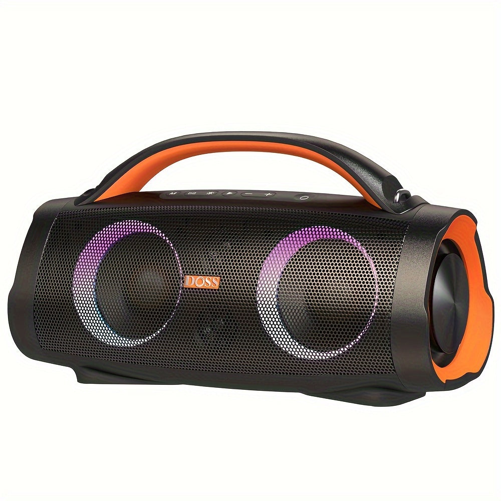 Altavoz de exterior DOSS 100W Bluetooth 5.3 con sonido estéreo, graves potentes, 20 horas de reproducción, banco de energía de 10400mAh, luz de fiesta de colores mixtos, IPX6, altavoz portátil para camping