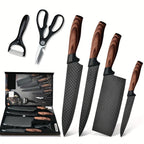 Un juego de 6 cuchillos de cocina para chef con hojas de acero inoxidable, famosos por su filo y durabilidad. Este juego incluye un mango ergonómico, tijeras y un pelador, todos resistentes al óxido y fáciles de mantener.