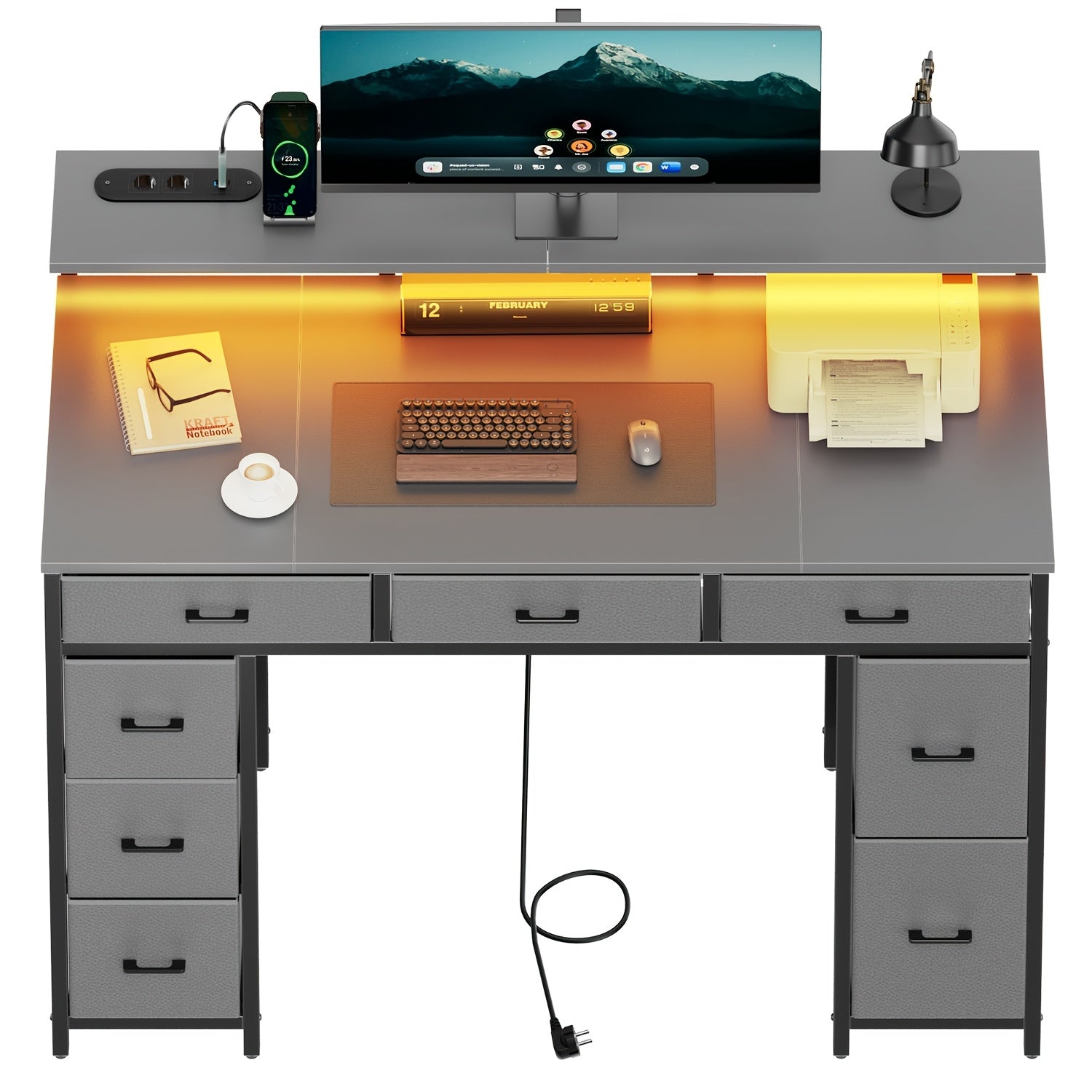 Escritorio | Escritorio con cajones anchos y 8 cajones de tela, escritorio de ordenador con toma de corriente y luz LED, escritorio de oficina en