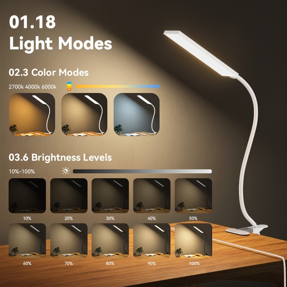 Lámpara de Mesa KEXIN con Pinza para Cama - 5W 48 LED Luz de Libro con 3 Modos y 13 Niveles de Intensidad, Lámpara de Escritorio Protectora de Ojos con Cuello Flexible 360°, Pinza para Mesa en Color