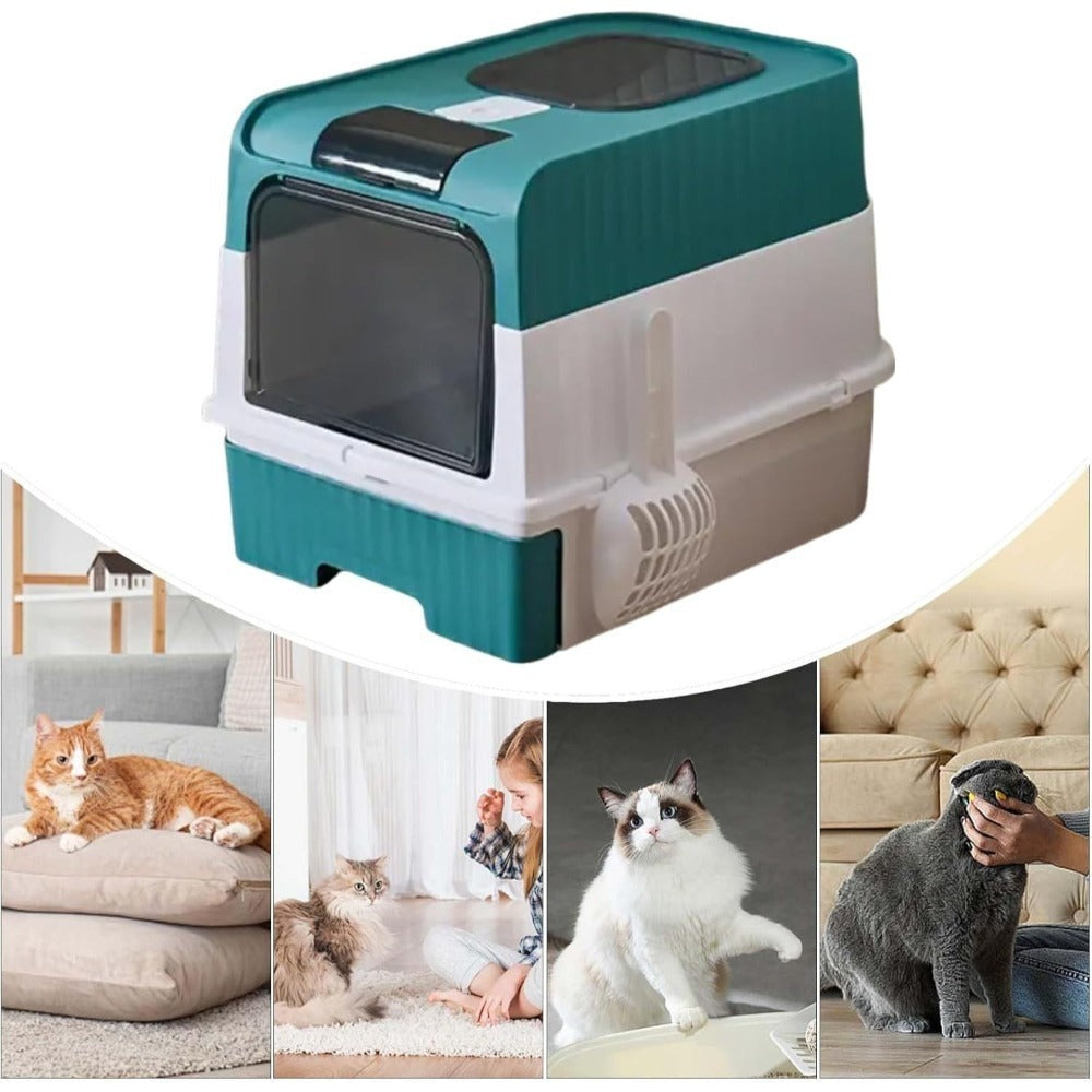 Caja de Arena para Gatos Espaciosa con Tapa Arenero - A Prueba de Fugas, Diseño Plegable, Soporta hasta 14.97 KG, Incluye Pala, Sin Rastro para Limpieza Fácil, Construcción Duradera de ABS/PE/Silicona, Forma Rectangular, Caixa de Arena para Gatos Extra Gr