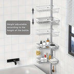 Estante de esquina ajustable de acero inoxidable para baño, 4 niveles, resistente al óxido, con soporte de tensión para ducha, con ganchos y jabonera, ideal para bañera/ducha (63.5-290 cm), organizador de almacenamiento de baño de alta gama sin taladro