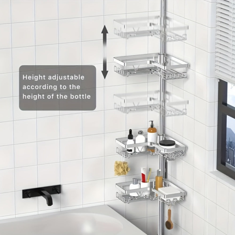 Estante de esquina ajustable de acero inoxidable para baño, 4 niveles, resistente al óxido, con soporte de tensión para ducha, con ganchos y jabonera, ideal para bañera/ducha (63.5-290 cm), organizador de almacenamiento de baño de alta gama sin taladro