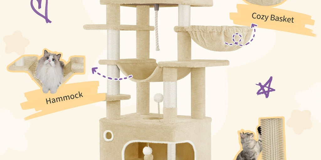 Rascador para Gatos, Árbol de 178 cm con Plataforma Grande, 2 Cuevas, 7 Postes Rascaresos, Pompones, Reposaderos y Hamaca, Adecuado para Todas las Razas de Gato, Gris Claro