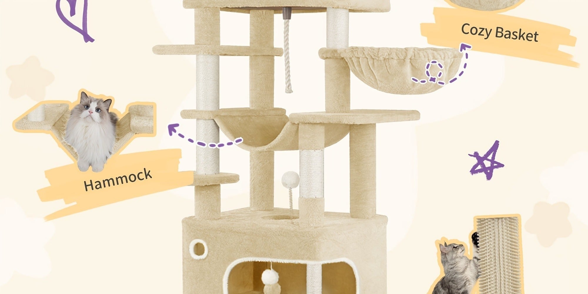 Rascador para Gatos, Árbol de 178 cm con Plataforma Grande, 2 Cuevas, 7 Postes Rascaresos, Pompones, Reposaderos y Hamaca, Adecuado para Todas las Razas de Gato, Gris Claro