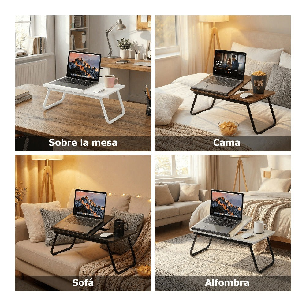 Mesa plegable para cama y sofá con altura ajustable de 5 niveles, bandeja con superficie ajustable y portavasos, mesa pequeña multifunción para ordenador, libros, trabajo y estudio en casa (56x32x25cm)