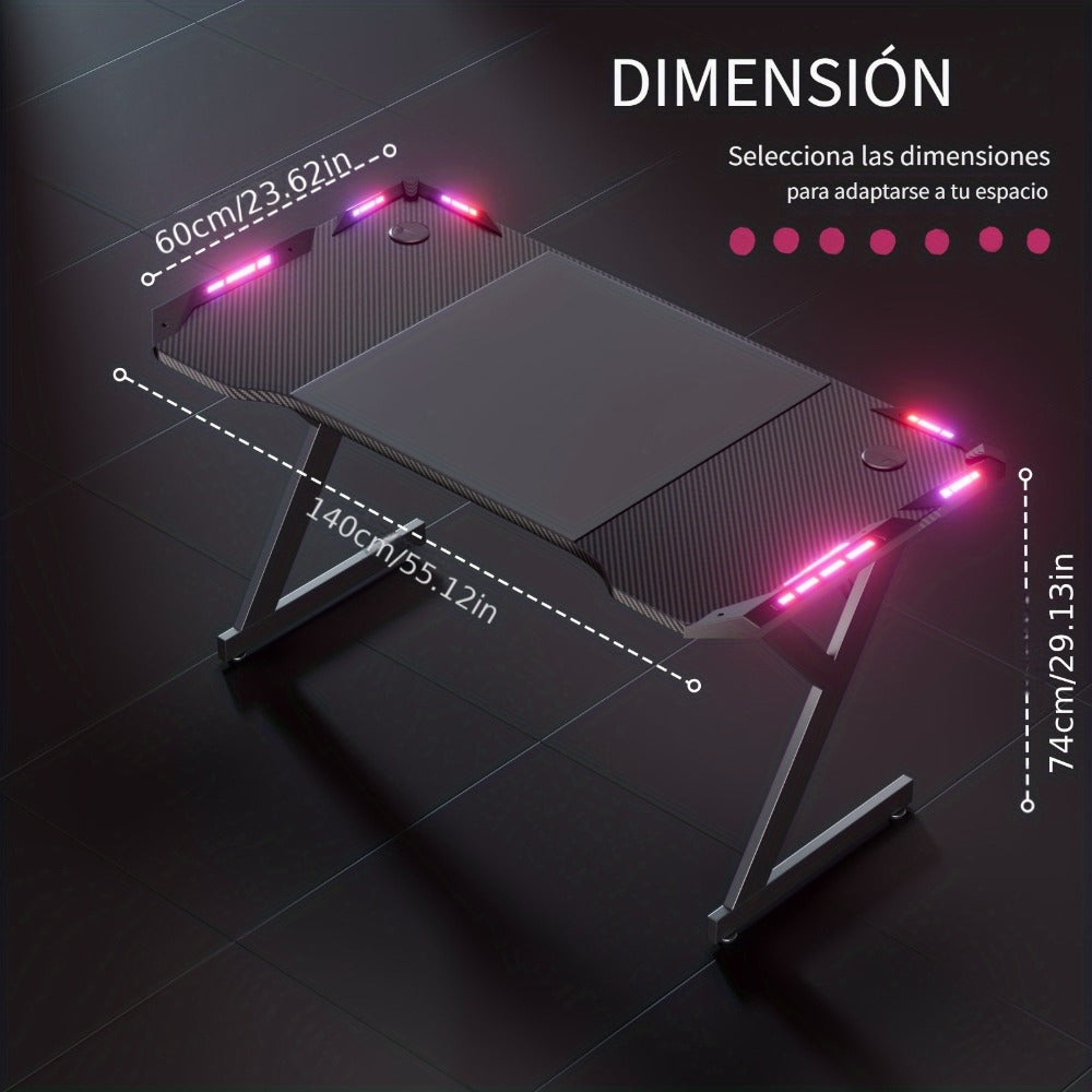 Escritorio gaming resistente en forma de Y con luces LED RGB duales, mesa de ordenador con portavasos y gancho para auriculares, superficie ergonómica de fibra de carbono, mesa para gamers para oficina en casa, dormitorio, negro