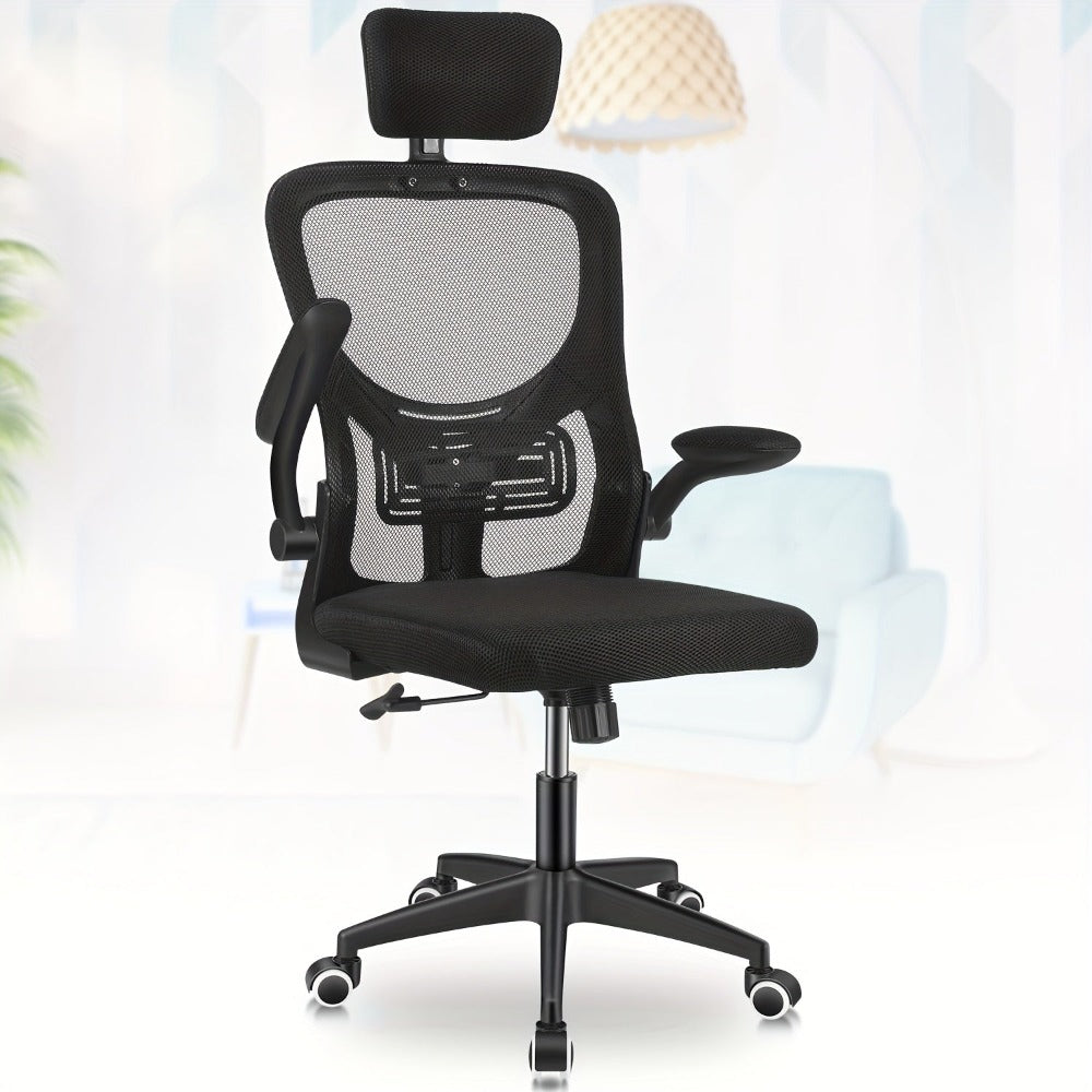 Silla ergonómica de escritorio para computadora, silla de oficina en casa de respaldo alto con reposabrazos abatibles y soporte lumbar para estudio en casa o trabajo de gerente, y blanco
