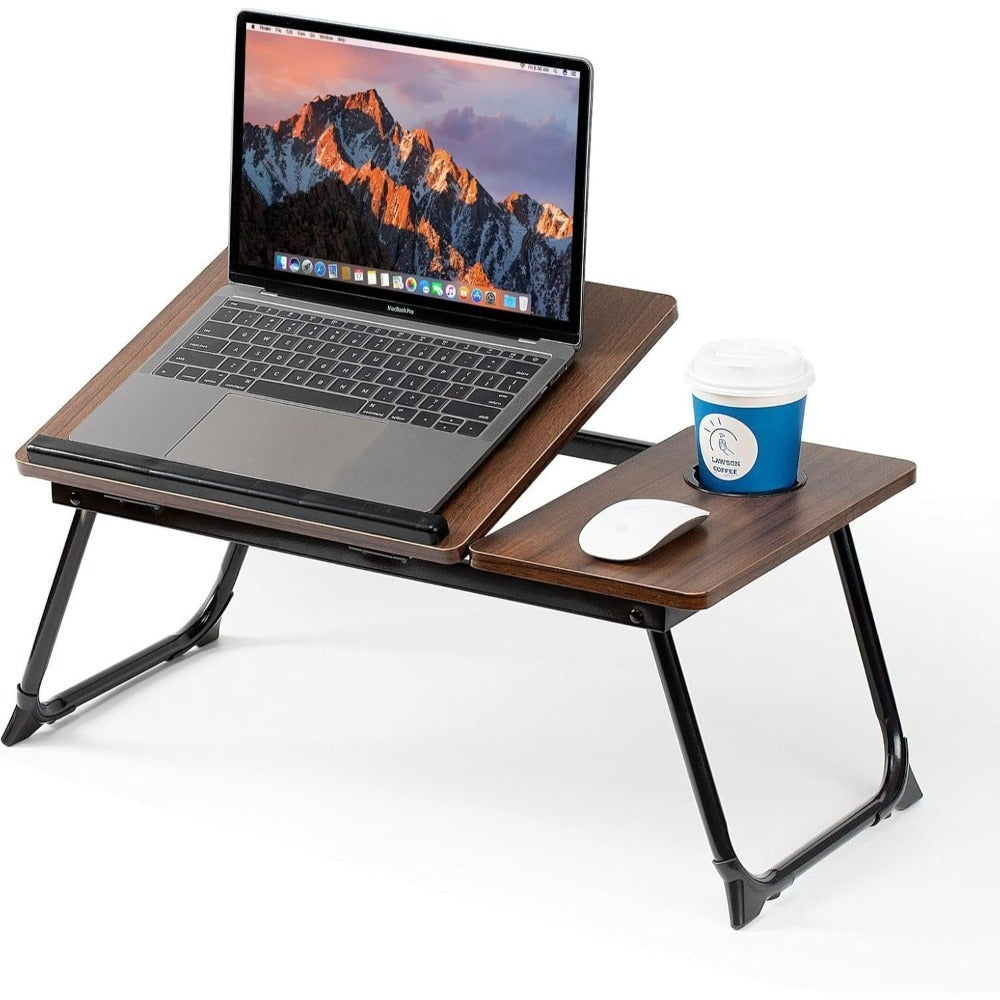 Mesa plegable para cama y sofá con altura ajustable de 5 niveles, bandeja con superficie ajustable y portavasos, mesa pequeña multifunción para ordenador, libros, trabajo y estudio en casa (56x32x25cm)