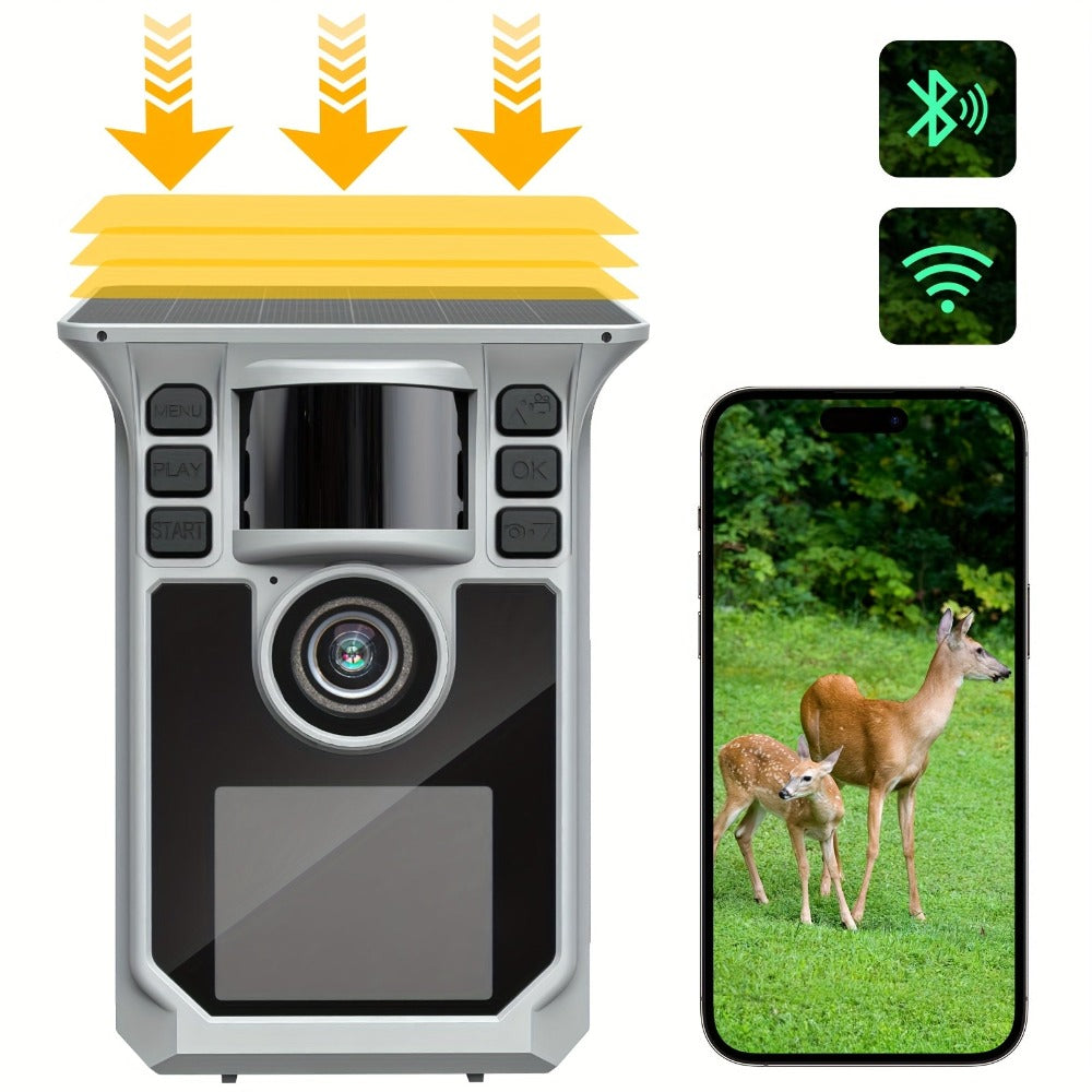Cámara de rastro solar 4K, cámara de rastro WiFi de 64MP con visión nocturna, disparo de 0.2s activado por movimiento, cámara de caza con detección de 130°