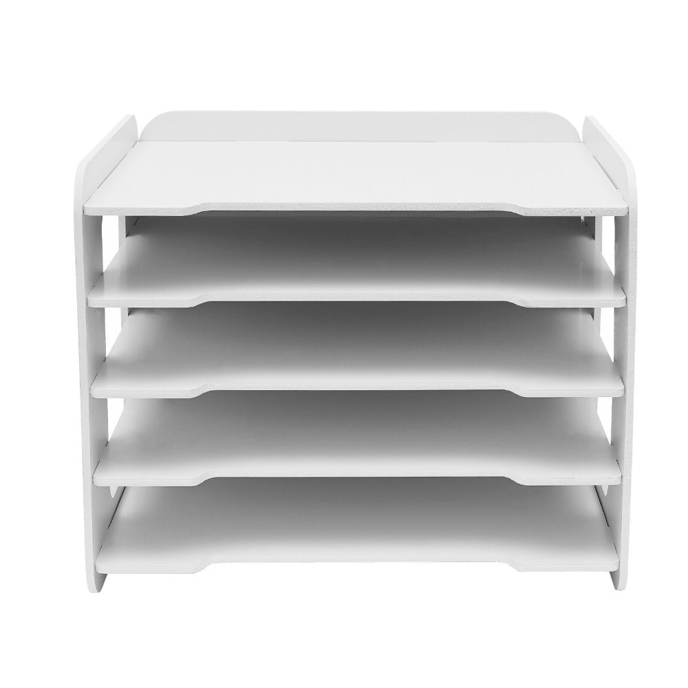 Organizador de bandeja de letras con 5 compartimentos de almacenamiento, bandeja de letras blanca, organizador de papel A4 para escritorio de oficina, bandejas de escritorio blancas con compartimentos, bandejas de papel apilables con construcción de espig