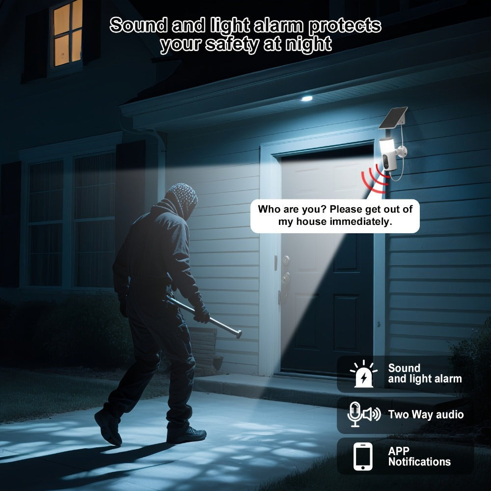 Cámara Solar Inalámbrica para Exteriores, Cámara de Reflector, Video con Visión Nocturna a Color, Audio Bidireccional, Sirena Activada por Movimiento, Acceso Multiusuario, Almacenamiento Local en Tarjeta SD y Suscripción en la Nube Opcional, Compatible co