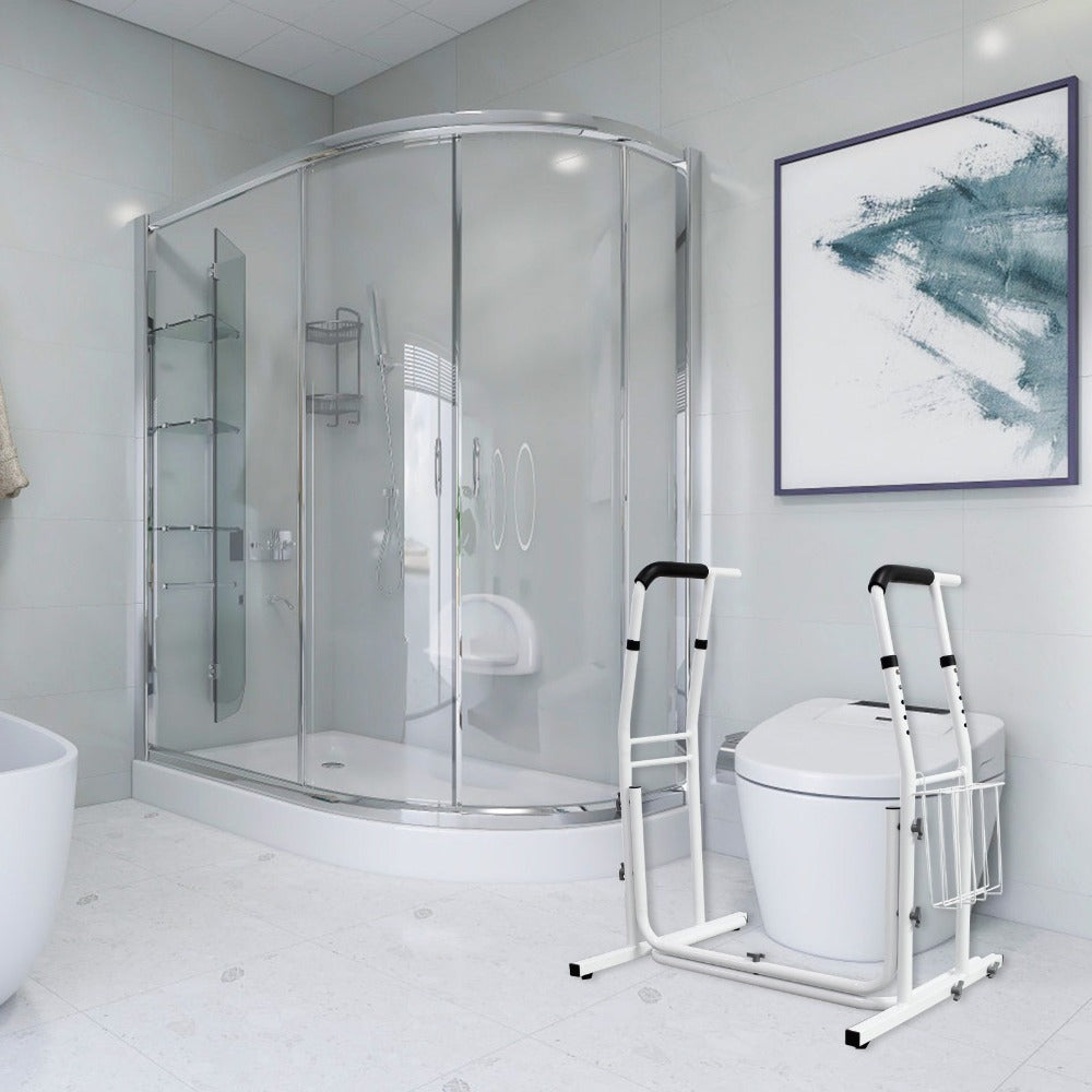 Soporte de baño móvil, ayuda de pie, ajustable en altura, con cesta de almacenamiento, barra de sujeción de baño, blanco