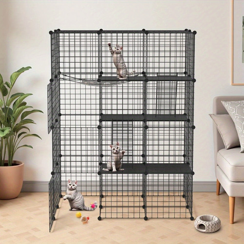 Cerradura Metálica Negra para Exteriores para Conejos, con Puerta y Adecuada para Animales Pequeños como Cobayas y Cachorros, Medidas 146X110X74 Cm (4 Columnas y 3 Capas)