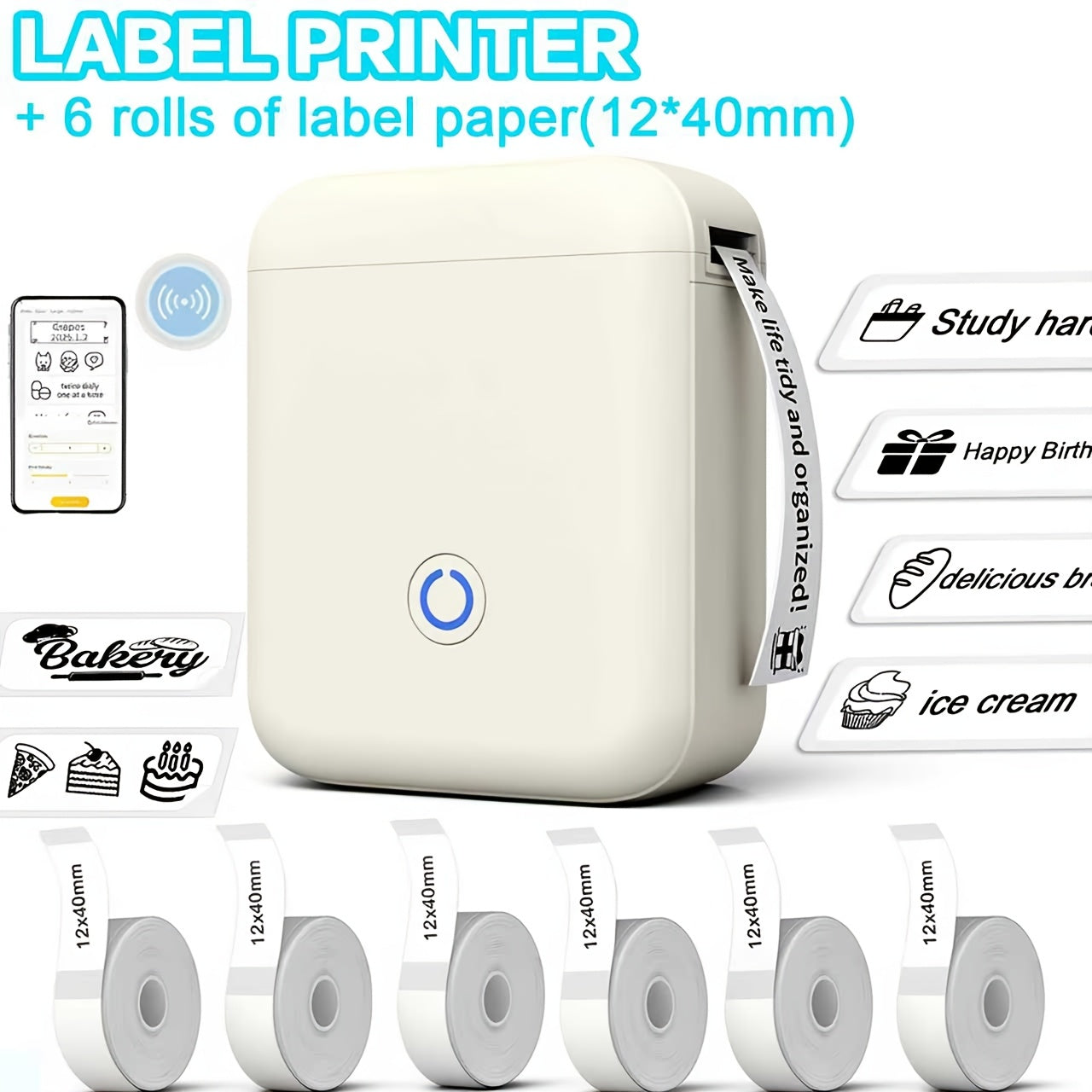 Impresora de etiquetas | Impresora de Etiquetas Sin Tinta - Impresora de Etiquetas Inalámbrica Portátil con 6 Rollos de Papel de Etiqueta (12 X
