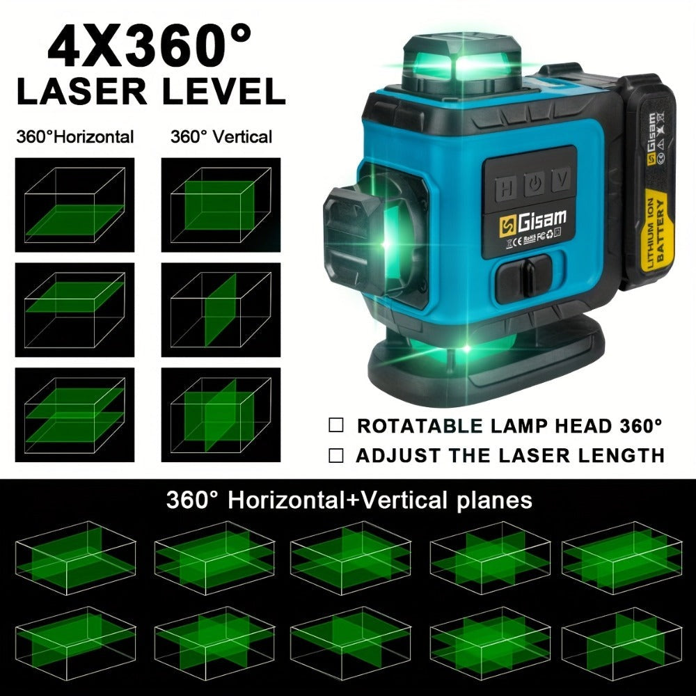 Nivel láser láser verde 4D multifuncional Gisam de 16 líneas con trípode y control por aplicación, autonivelante 360° con líneas cruzadas horizontales y verticales, alimentado por USB y batería, incluye estuche de transporte, haz superpotente, diseño port