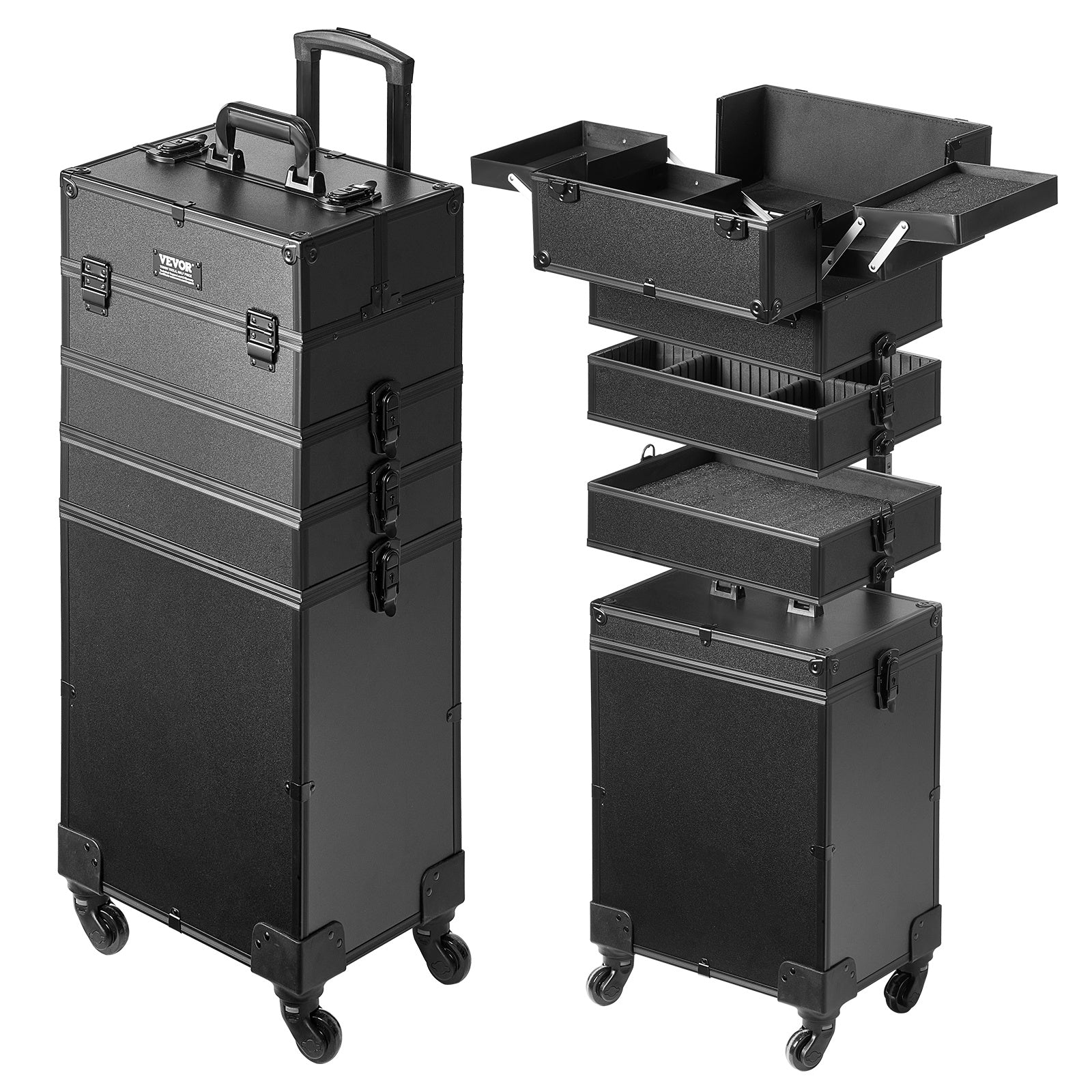 VEVOR 5 en 1 Maleta profesional de maquillaje de aluminio, maleta de maquillaje con ruedas extra grande, organizador de viaje de maquillaje con ruedas giratorias de 360° y palanca ajustable, negro
