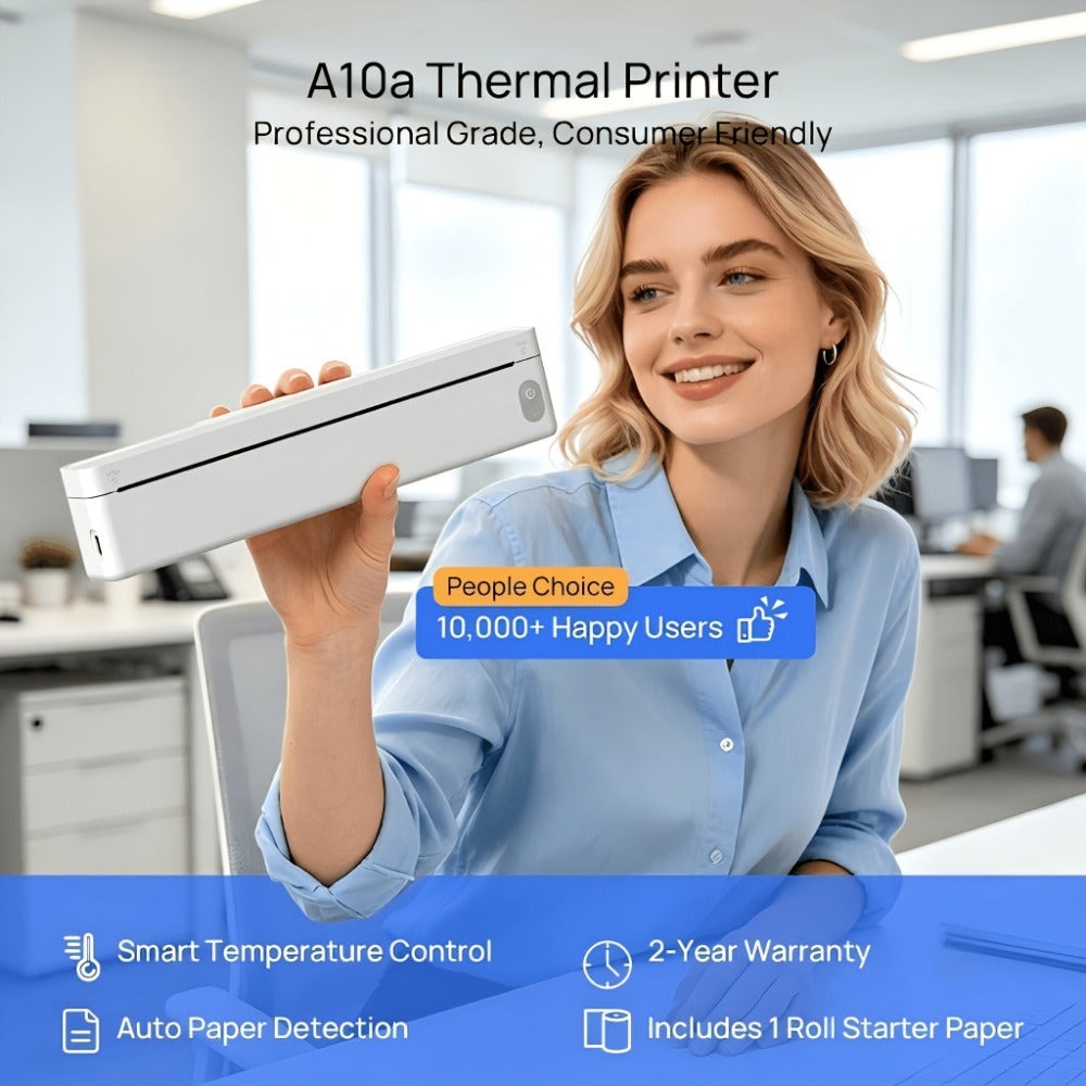 Impresora Térmica Inalámbrica A10A, Batería de 1800Mah, Impresora Móvil Compacta para Viajes, Oficina, Hogar, Incluye 10 Hojas de Papel Térmico. Compatible con Smartphones y Computadoras